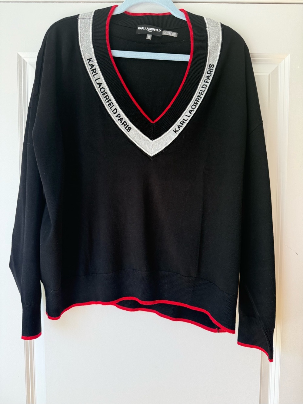NWT, Karl Lagerfeld Black V-Neck Logo Tape Sweater, Silver and Red Trim, XL